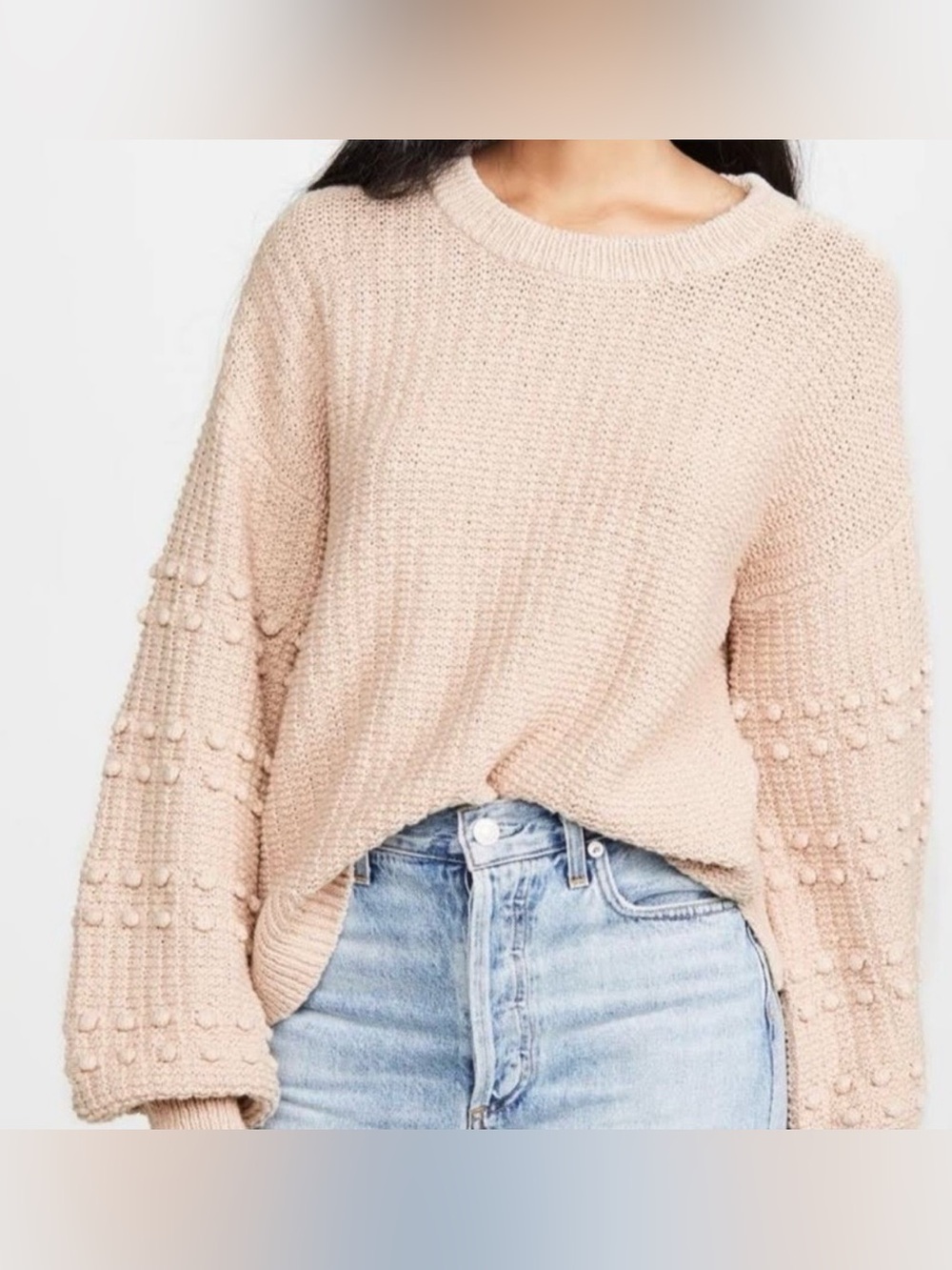 Madewell Balloon Sleeve Pom Pom Tan Sweater Chunky Knit Preppy Capsule